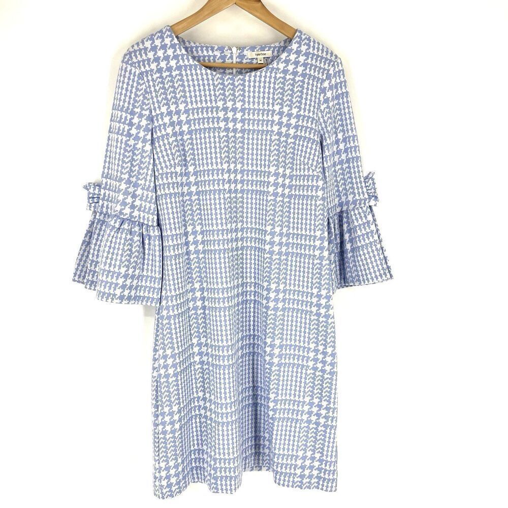 Tyler Boe Dress Size Medium Womens Blue Houndstooth Sydney 3/4 Ruffle Sleeve
